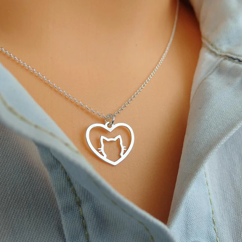 stainless steel pink heart cat necklaces womens couple pendants Steel color woman accessories fashion jewelry chain on the neck | Украшения