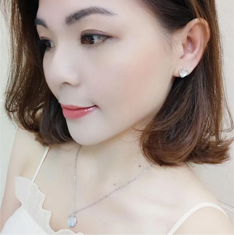 

Fashion 925 Silver White Moonstone Lovely Heart Jewelry Sets For Girls Women Simple Necklace Earring Gift Korea Jewelry