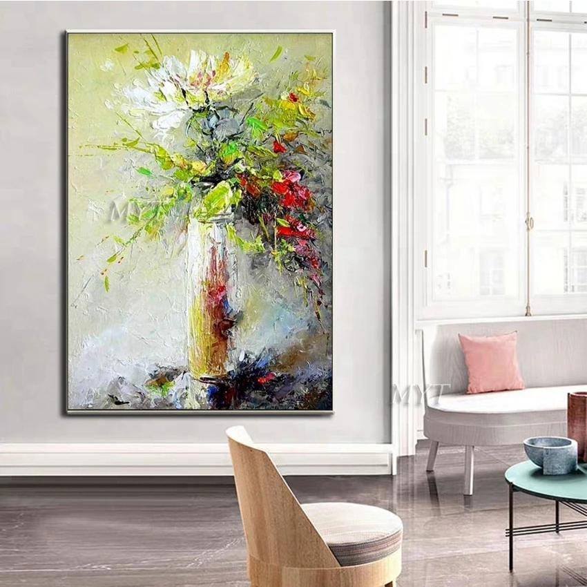 Картина маслом цветы в вазе Большой Современный Настенный декор ручной работы
