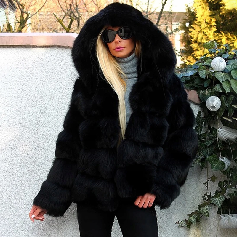 Fashion Luxury Black Thick Real Fox Fur Coats With Hood For Women Full Pelt Short Genuine Fox Fur Jackets Woman Winter Overcoat enlarge