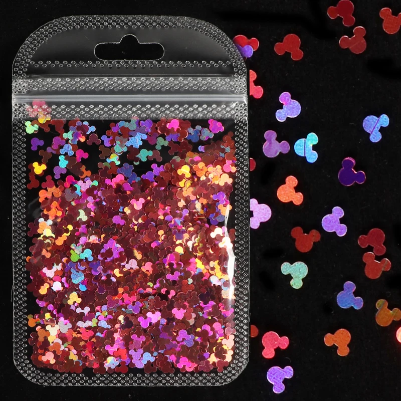 1 bolsa de arte hologr&aacute;fico para u&ntilde;as, lentejuelas brillantes, L&aacute;ser de dibujos animados, copos en forma de cabeza de rat&oacute;n, suministros de u&ntilde;as artesanales para accesorios profesionales-4