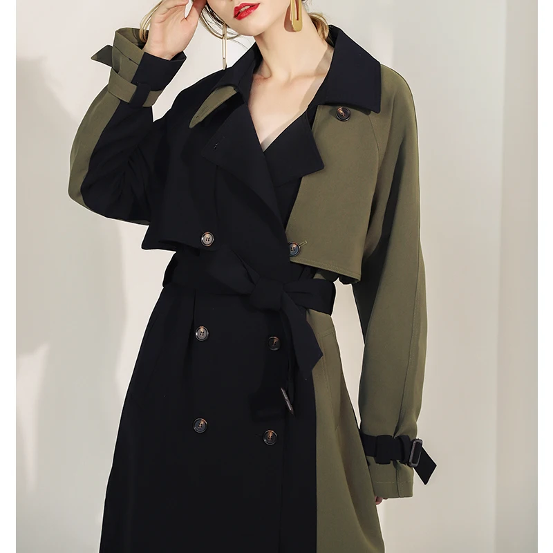 2019 осень/зима модный контрастный цвет рукава реглан двубортный женский ветровка