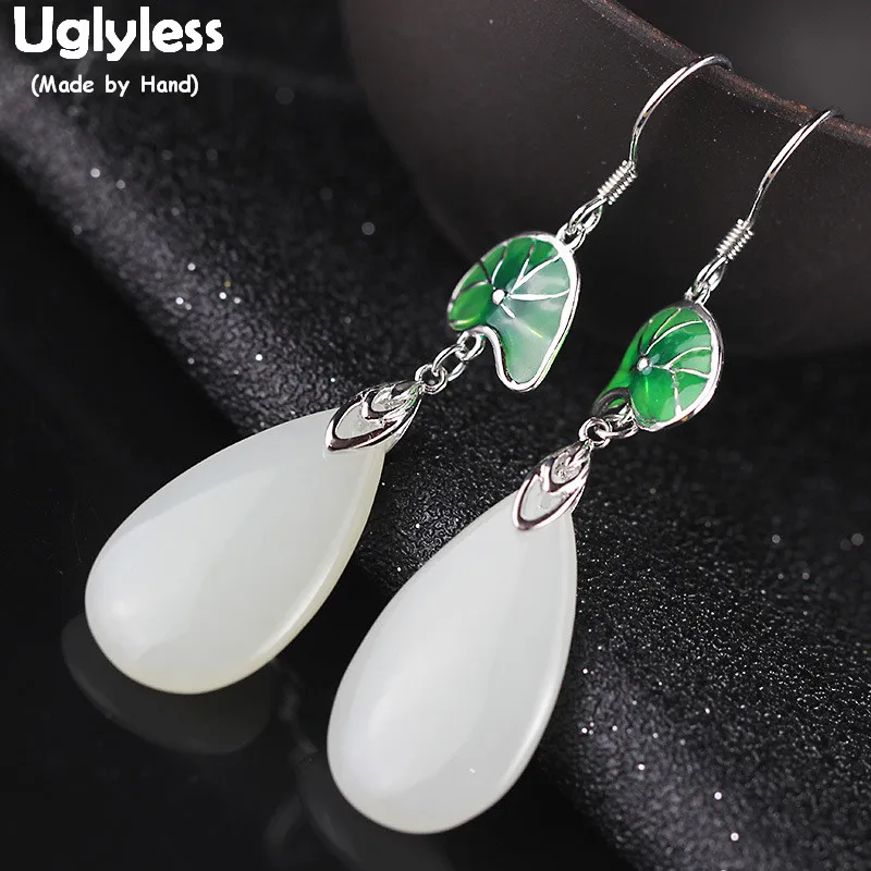 

Uglyless Classic Water Drop Natural Jade Earrings for Women Real 925 Silver Lotus Leaf Earrings Enamel Green Leaf Brincos E1503