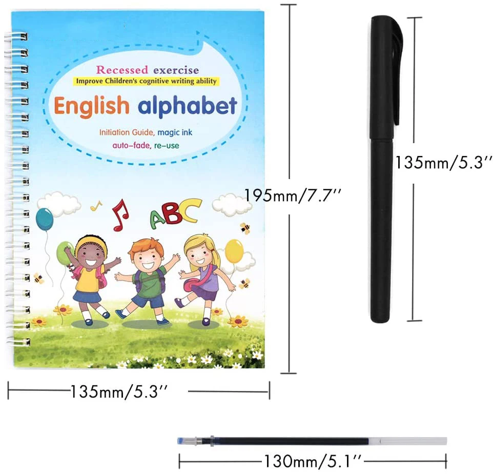 

4 Books + Pen Magic Practice Book For Kids Free Wiping Reusable 3D Groove English Copybook Calligraphy Montessori Toys