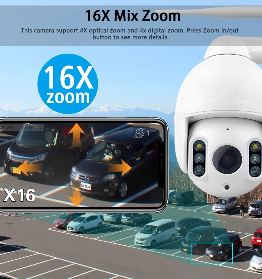 1080P беспроводной 16 кратный зум wifi камера обнаружения движения наружная PTZ IP