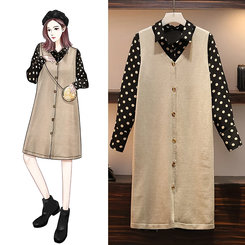 Фото Two-piece Set Women Clothes 2019 Autumn Korean Oversized New Dot Long Sleeve Shirt Dress +vest Sweater Suits XL-5XL Женская одежда Two-piece Set Women Clothes 2019 Autumn Korean Oversized New Dot Long Sleeve Shirt Dress +vest Sweater Suits XL-5XL Женская одежда