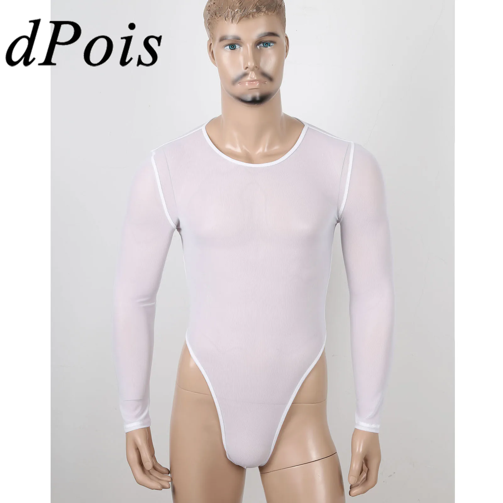

Mens Bodysuit See-Through Mesh Lingerie Long Sleeve High-Cut Thongs Jumpsuit Hommes One-piece Gay Romper Pajamas Male Bodysuits