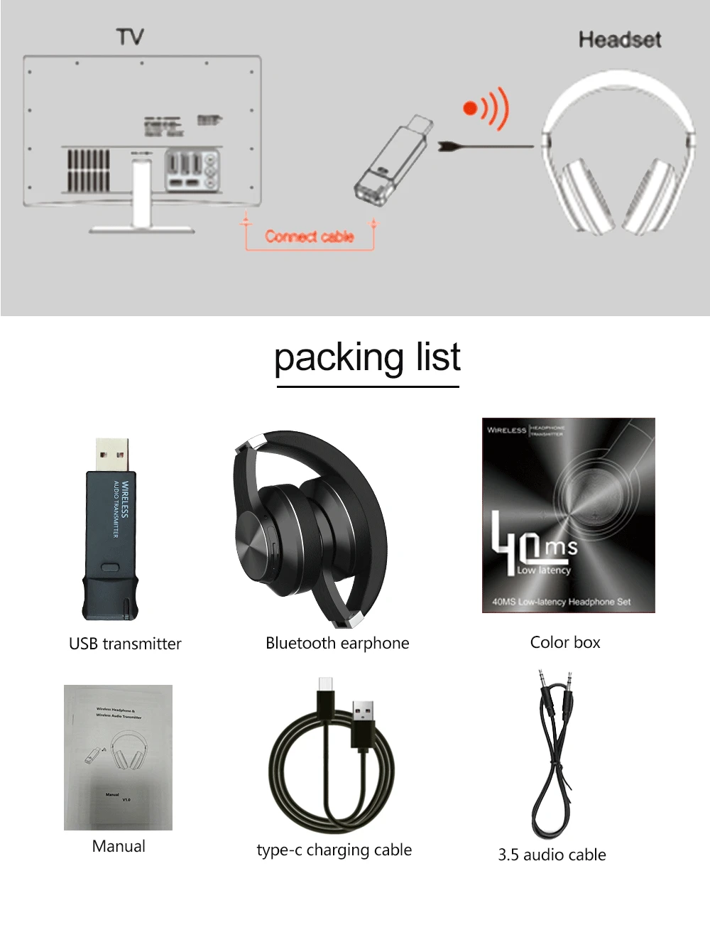 

Bluetooth Headphone + USB Transmitter for TV PC Wireless Earphone Over-Ear Noise HiFi Stereo Gaming Headset with Mic