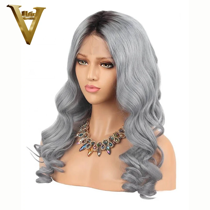 Серый цвет человеческие волосы парики 150 объемная волна фронта шнурка Remy