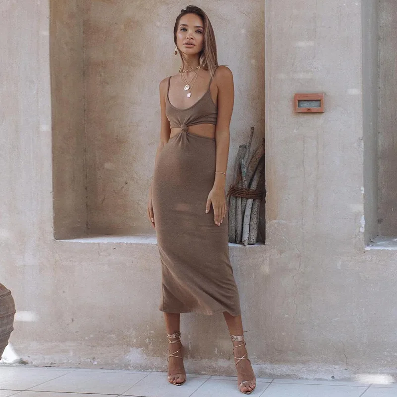 

FAKUNTN Vacation Summer Dresses For Women 2021 Party Beach Sundress Elegant Sexy Casual Backless Bodycon Midi Sleeveless Dress