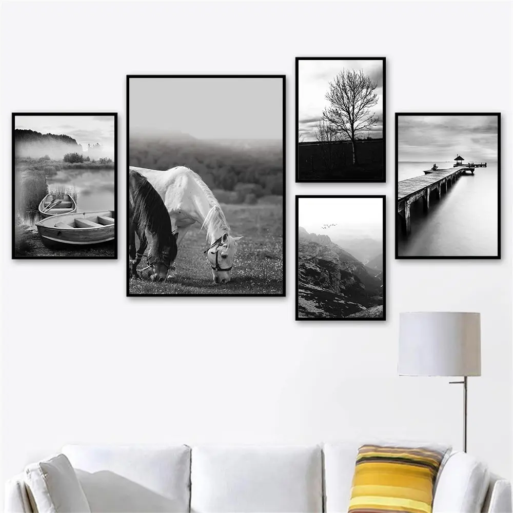 

Black And White Horse Animal Wall Art Poster Boat Wharf Art Prints Mountain Tree Canvas Painting Nordic Picture Home Decoration