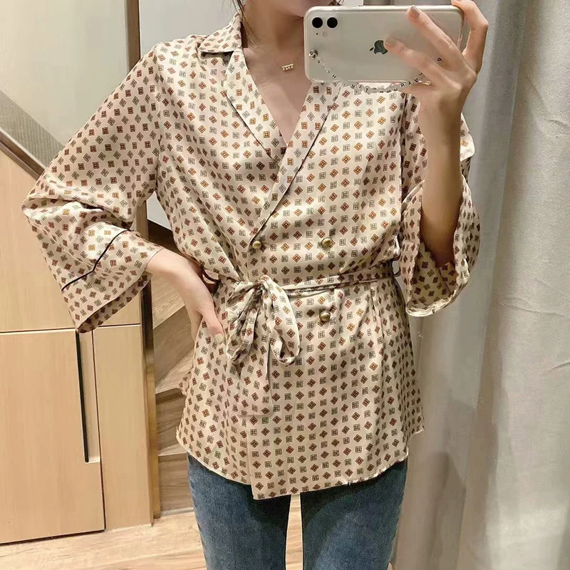 

ZA 2020 New Women Fashion Check Print Pajama Blouses Long Sleeve Turndown Collar Chiffon Shirt Casual Tops Loose lacing