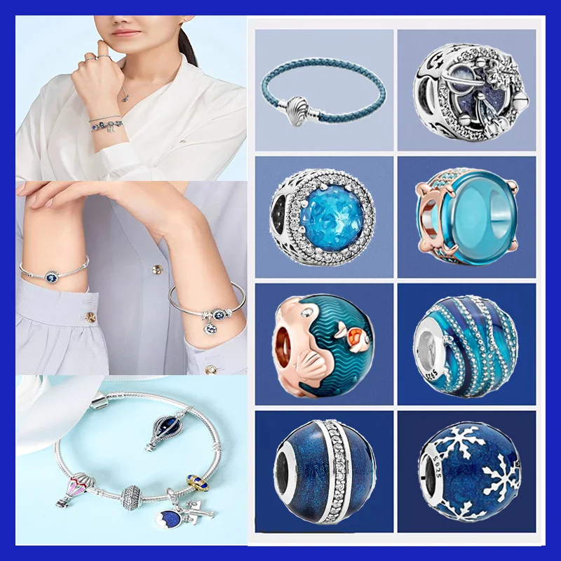 

Hot Sale Blue Series Classic 925 Sterling Silver Planet Love And Moon Bead Fit Original Pandora Charm Bracelet Jewelry DIY Gif