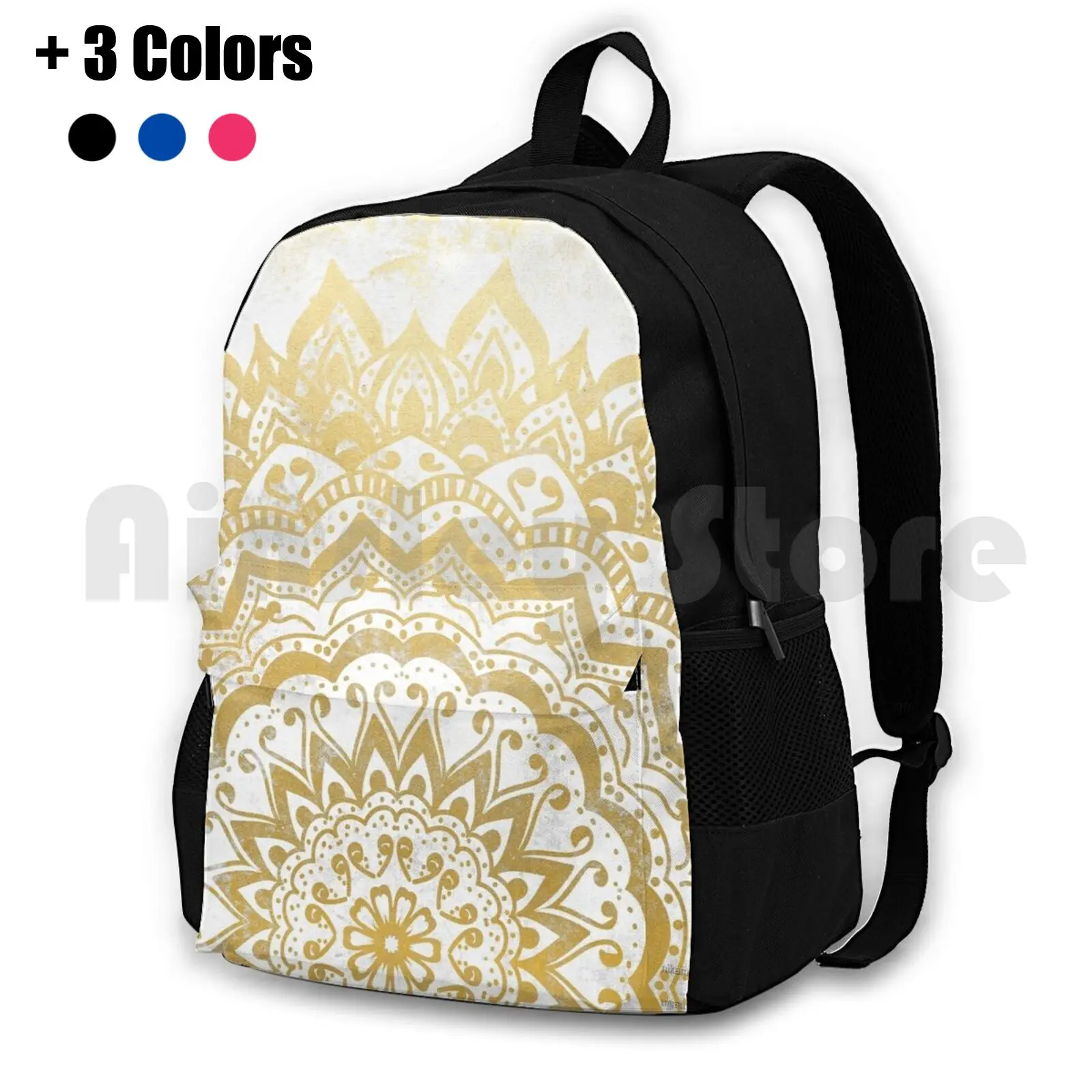 

Gold Jewel Mandala Outdoor Hiking Backpack Waterproof Camping Travel Vintage Mandala Bohemian Jewel Gold
