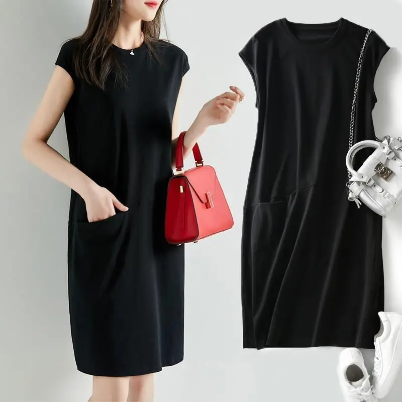 

2021 News Women's Wear Dress Sleeveless Solid Casusl Loose Clothes Fashion Female Black Grace Dress Popular