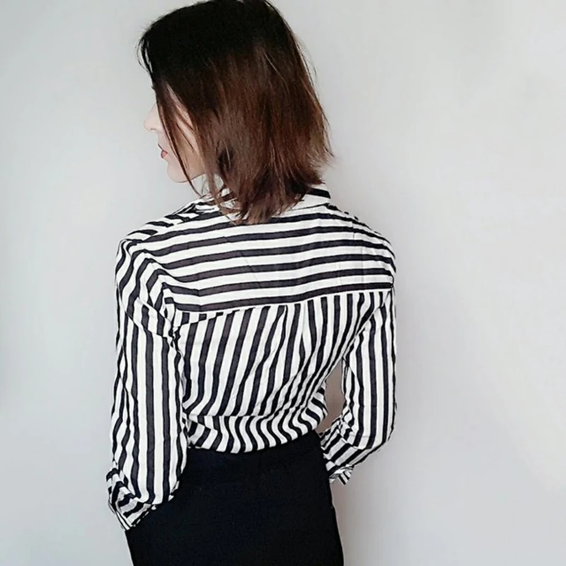 2020 New Spring Autumn Women Blouse black strips V-Neck Long Sleeve Work Shirts office Tops Striped blouse for business | Женская одежда