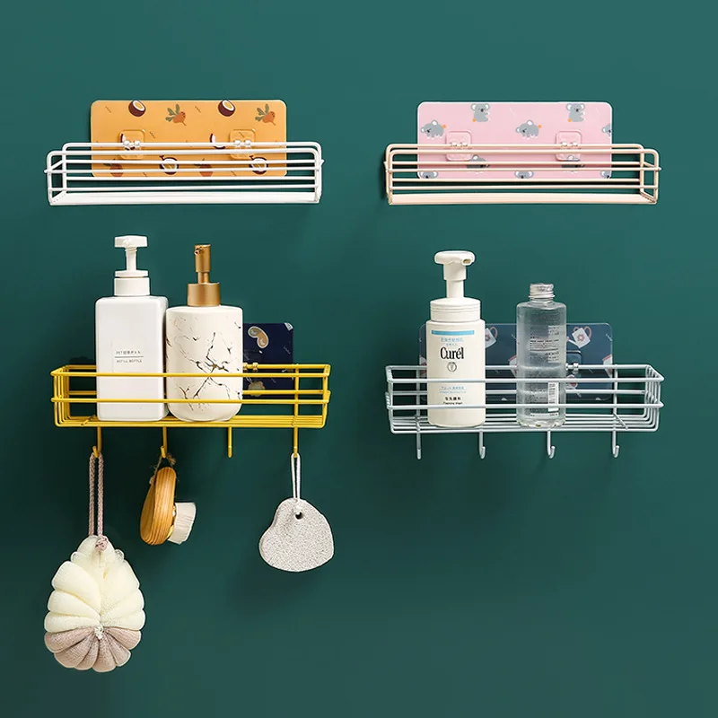 

Bathroom Kitchen Punch Corner Frame Shower Shelf Organizer with Hooks Wrought Iron Shampoo Storage Rack Holder with Suction Cup