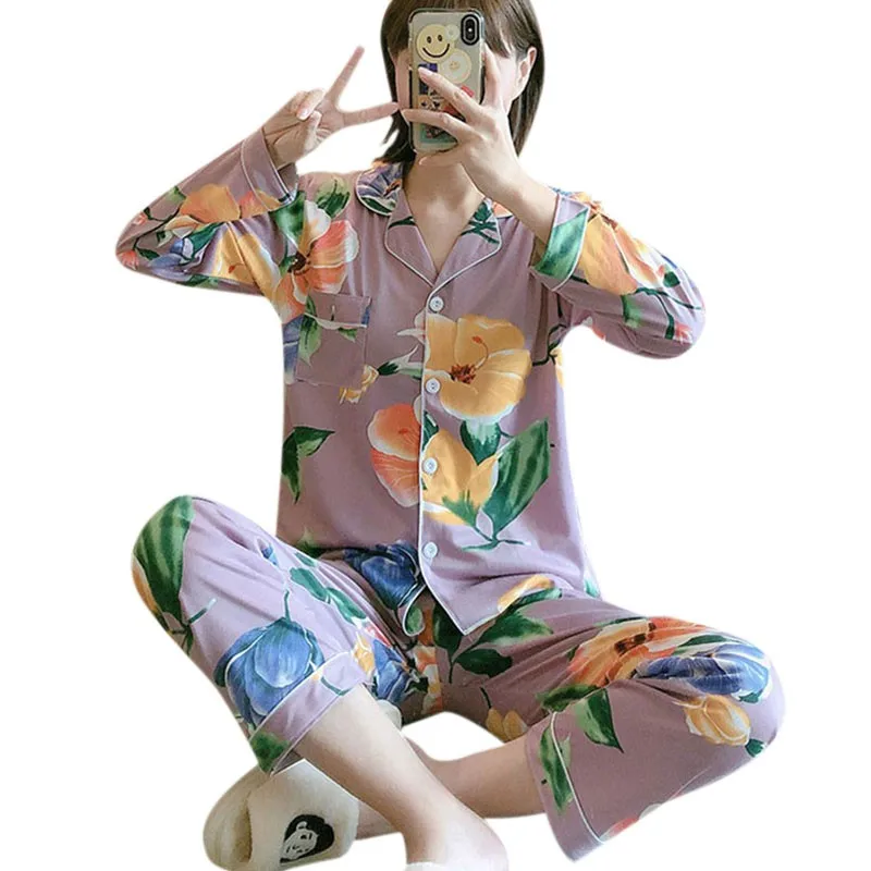 

Осенне-зимние женские повседневные наборы пижам, Дамский кардиган с отворотом, повседневный комплект домашней одежды из 2 предметов