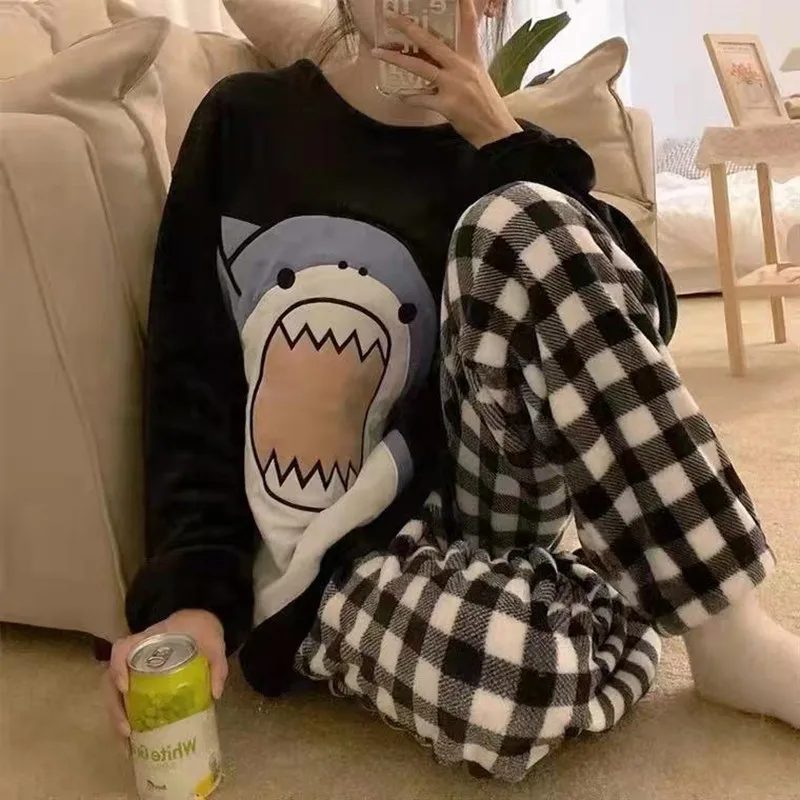 Shark Pijamas Couple Matching Pajamas Set Plaid Pants Winter Thick Flannel Sleepwear Men's Women Pyjama Homesuits Black Shirts