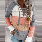 Женский Повседневный пуловер с капюшоном, Осенний вязаный свитер с V-образным вырезом и длинным рукавом, Элегантный Полосатый пуловер в стиле пэчворк