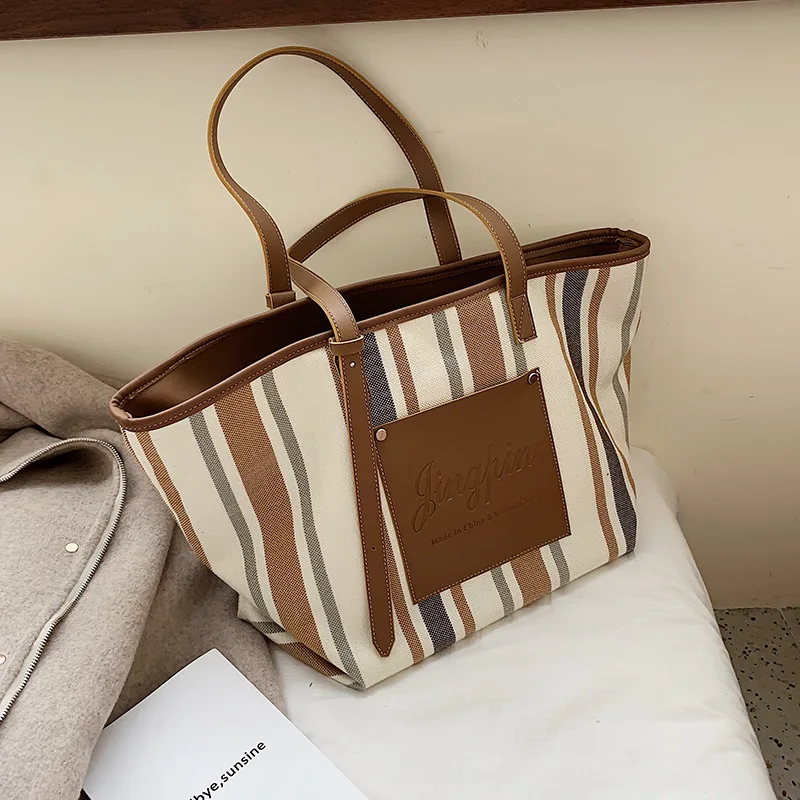 Новые женские холщовые сумки тоуты модные полосатые тканевые женская большая