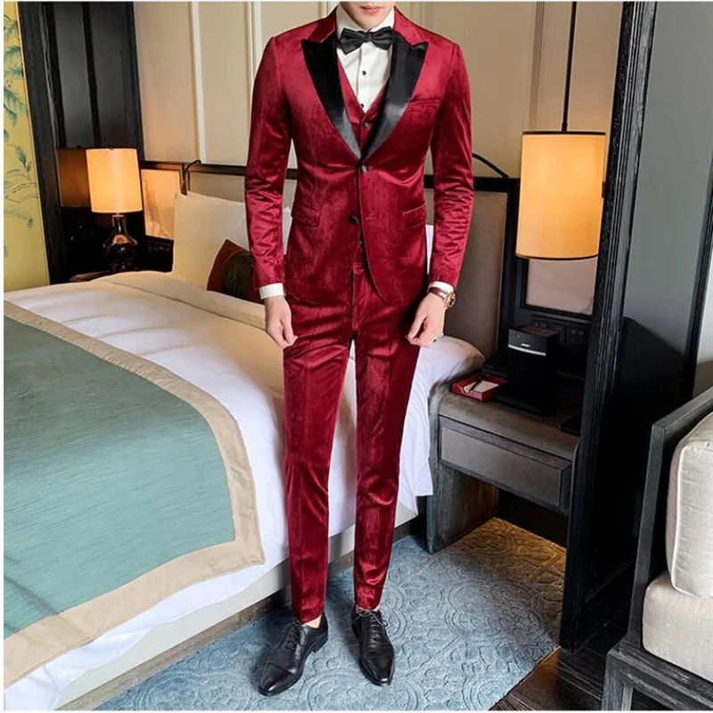 (Куртка + жилет брюки) 2019 высококачественные бархатные блейзеры Мужские костюмы