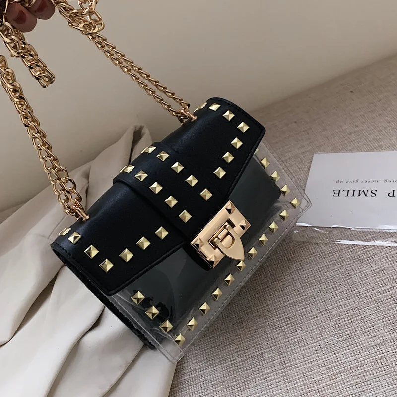 

High Quality Small Bag Female 2021 Summer New Fashion Trendy Lady Transparent Bag Messenger Bag Personalized Rivet Jelly Bag