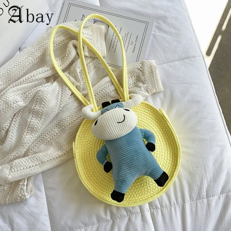 

Fashion Casual Cartoon Shoulder Bags Cute Side Bag Cow Tote Bag Circular Doll Solid Color Interesting Little Bag Cartoon Bags