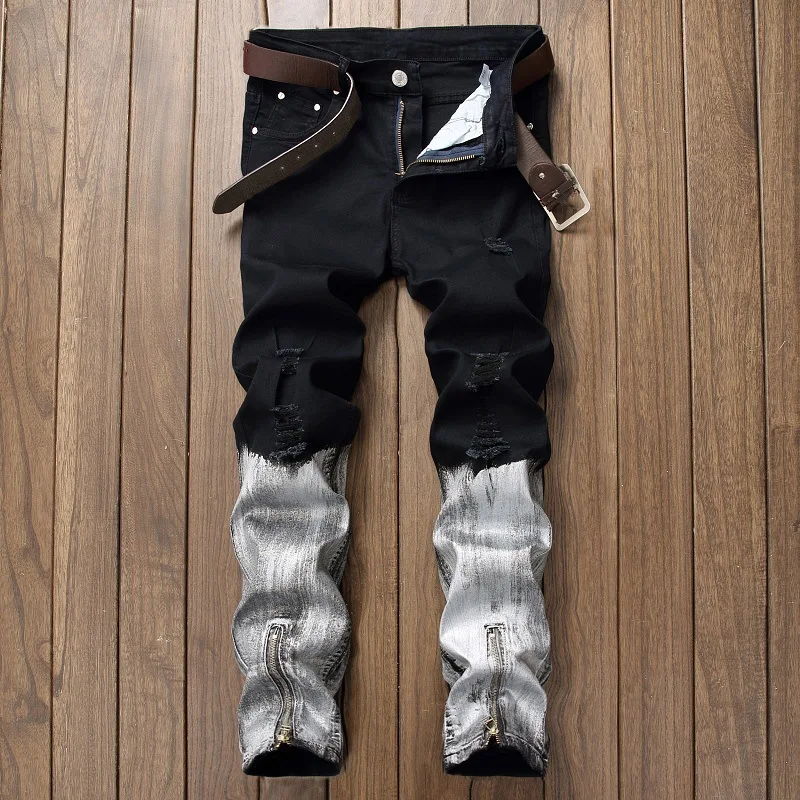 

Cut out jeans men's perforated leg zipper coated jeans