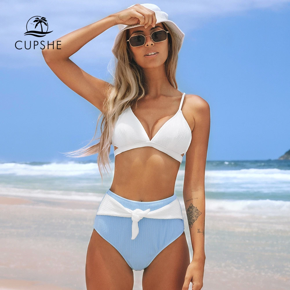 CUPSHE белый и синий завязанный с высокой талией комплект бикини сексуальный