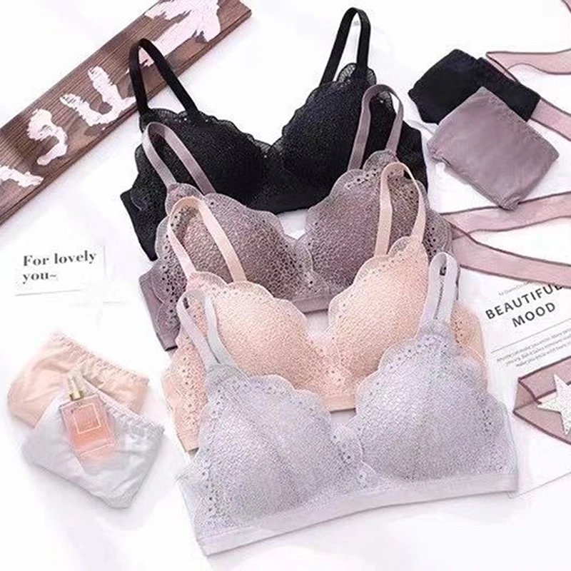 

Sexy Lace Pushup No Steel Ring Small Shoulder Belt Triangle Cup Girl Underwear Summer Thin Bra Breathable Double Breasted Bra