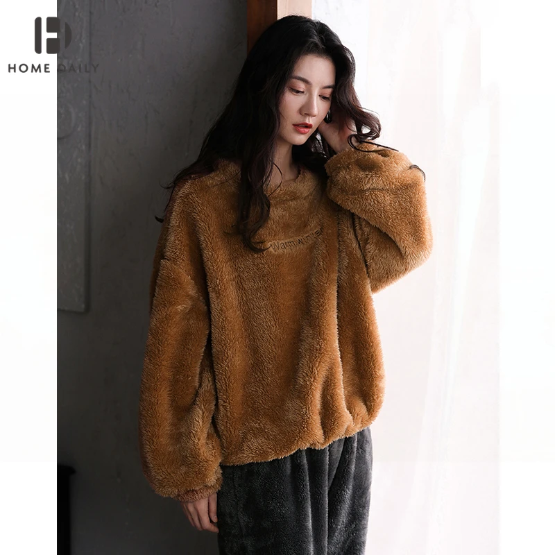 Coral Fleece Pajamas Casual Loose Fashion Worn Outside Long Sleeve Sleepwear Comfy Set Pigiama Winter Pyjamas Women DI50SY