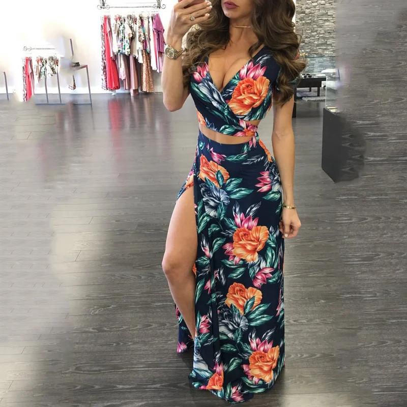 

Women Dress Sets Flower Printed Short Sleeve Sexy V-neck Crop Top Split Maxi Skirt 2 Pieces Floral Sundress Streetwear Outfits