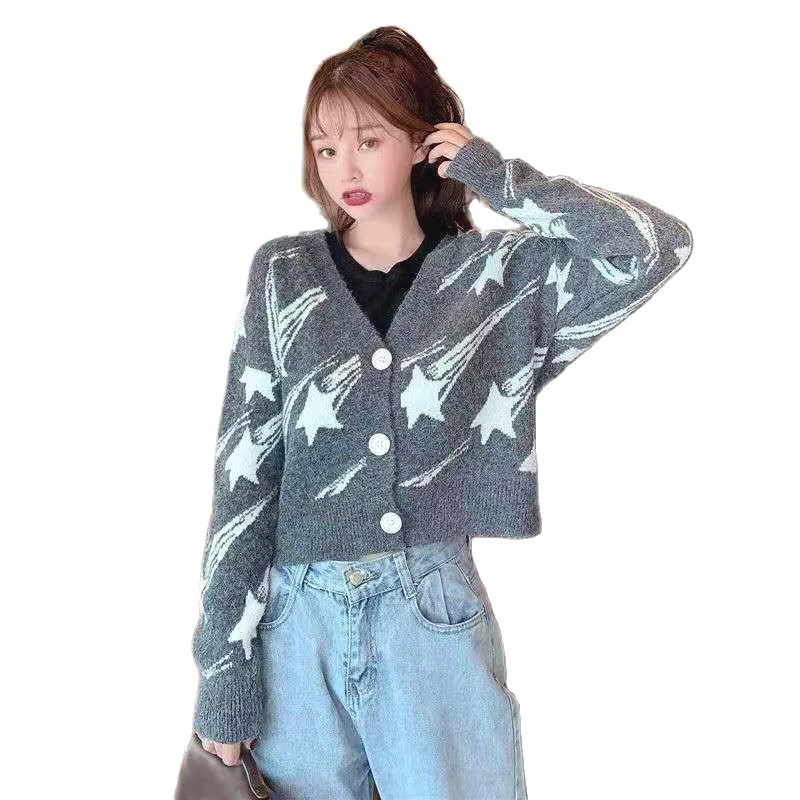 

Vintage Trend Star Graphic Cardigan Women Casual Clothing Autumn New Crop Top Knitted Sweater Korean Style Girl Y2K Streetwear