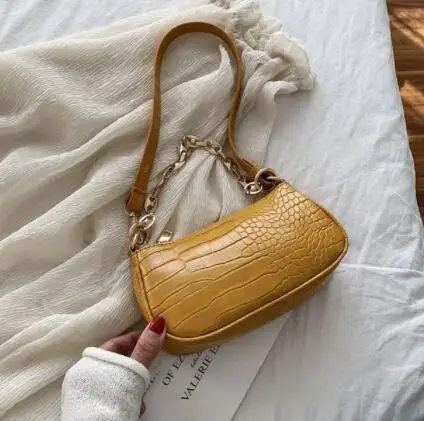 

Fashion Crocodile Pattern Baguette Bags MINI PU Leather Shoulder Bags For Women 2021 Chain Design Luxury Handbag Armpit Totes