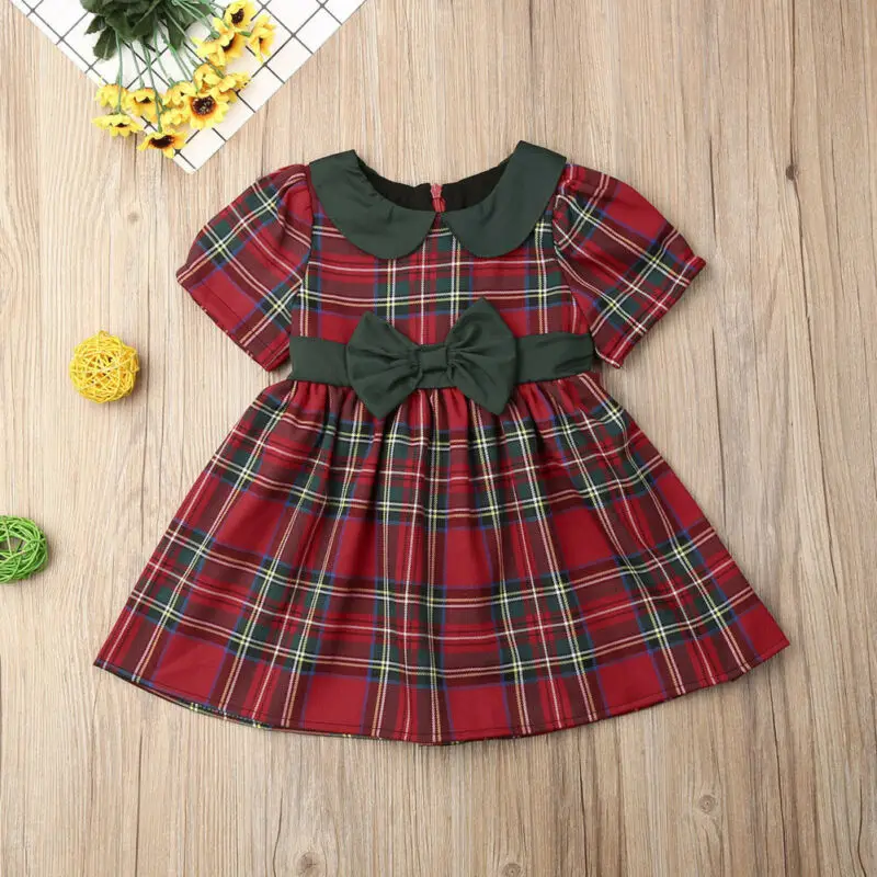 Xmas Clothing Toddler Kids Baby Girls Clothes Short sleeve Christmas Red Plaid Bowknot Tutu Dress Checked Santa Gown 6M-4T | Детская