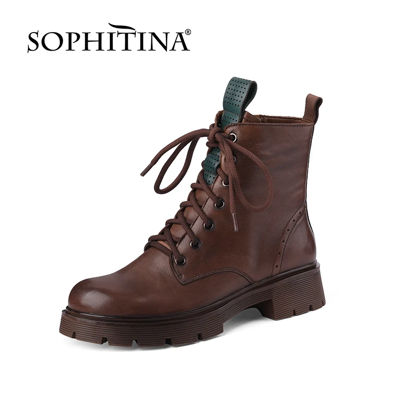 

Женские ботильоны на платформе SOPHITINA, повседневные мотоциклетные ботинки из натуральной кожи, с перекрестной шнуровкой, плюшевая подкладка...