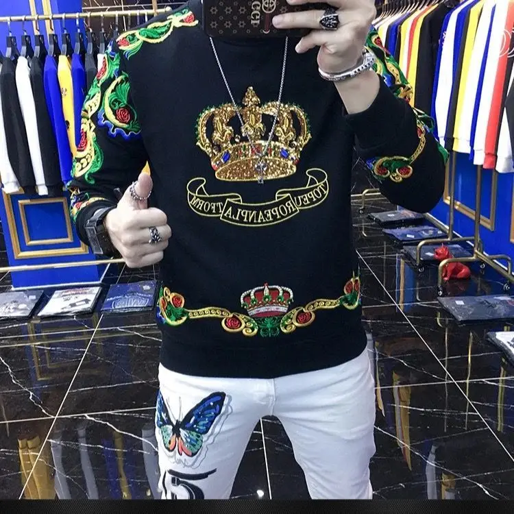 

2021 Winter and Spring New Heavy Industry Embroidered Crown Men's Wear Long Sleeve T-Shirt Crewneck Backing Shirt