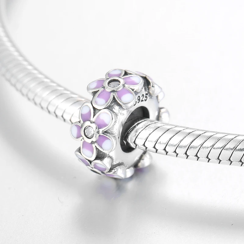 Fashion 925 Sterling Silver Blooming Purple and white flowers Spacer stopper beads Fit Original European Charm Bracelet Jewelry | Украшения