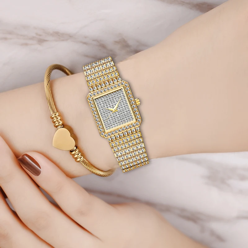 

Diamond Watch For Women Luxury Brand Ladies Gold Square Watch Minimalist Analog Quartz Movt Unique Female Iced Out Watch