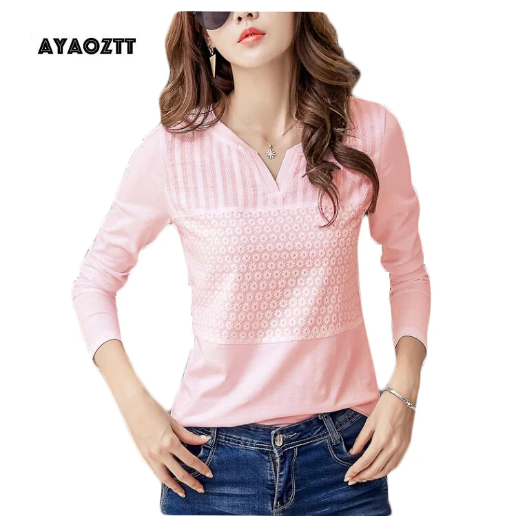 

Женская хлопковая футболка с длинным рукавом и V-образным вырезом