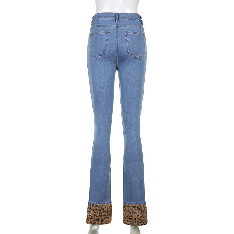 

Patchwork Furry Skinny Flare Pants Women Casual Blue High Waist Jeans Trousers Ladies Fashion Long Joggers Streetwear