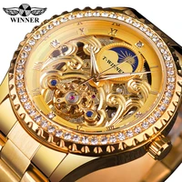 winner golden moon phase design luxury retro style diamond stainless steel bracelet skeleton tourbillon men automatic watches