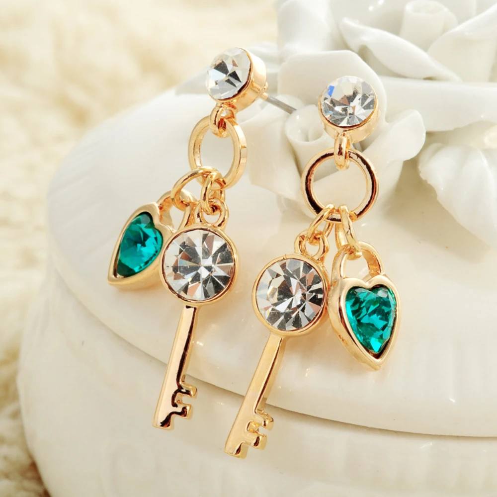 

New Trendy love Rhinestone key Earrings 18K Gold Plated Female lovely High Class Temperament Jewelry