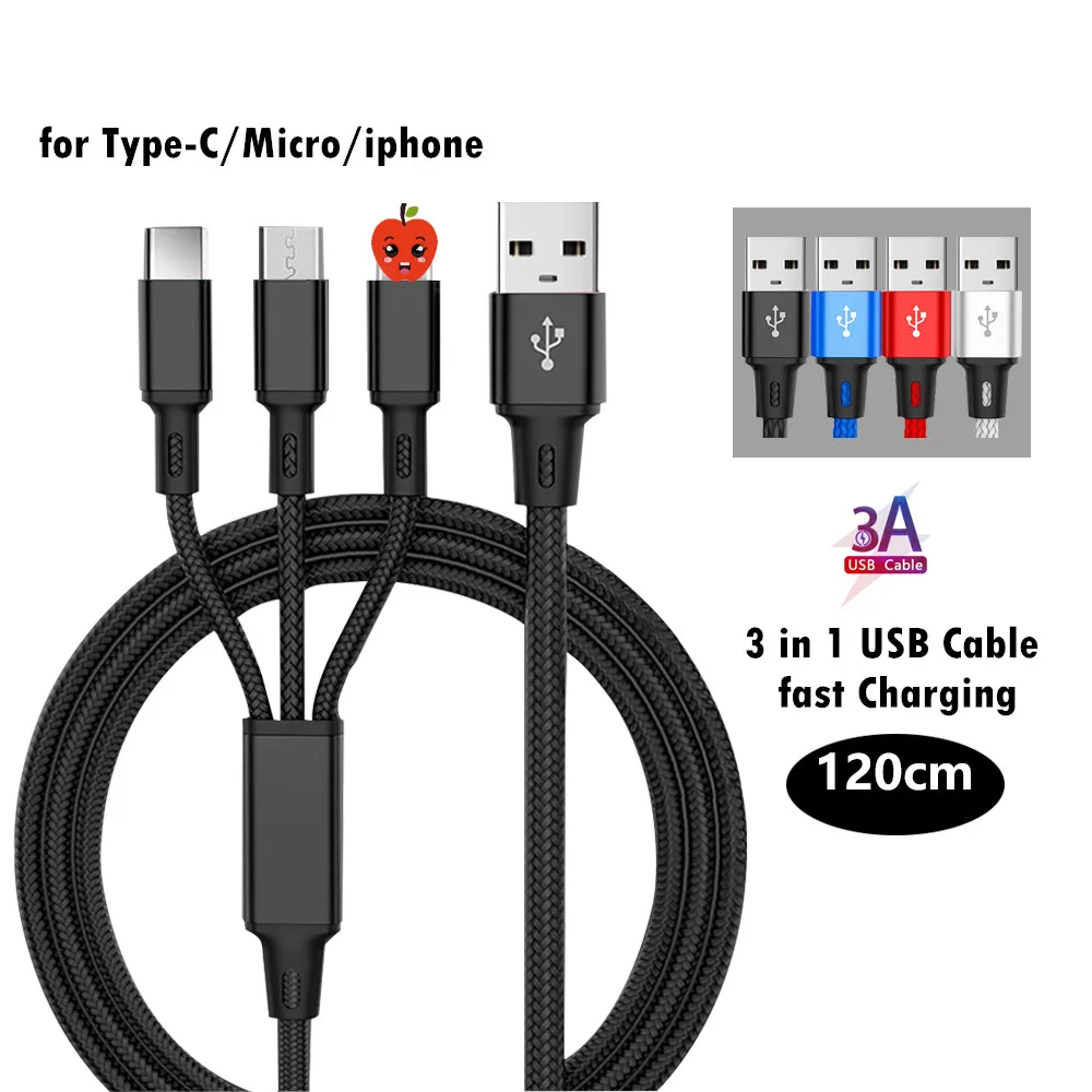 

1.2M 3 IN 1 Type C 8Pin Micro USB Cable Fast Charging mobile phone Cables Cord 3A For iPhone 12 11 Xr X XS 7 6 SE Plus Charger