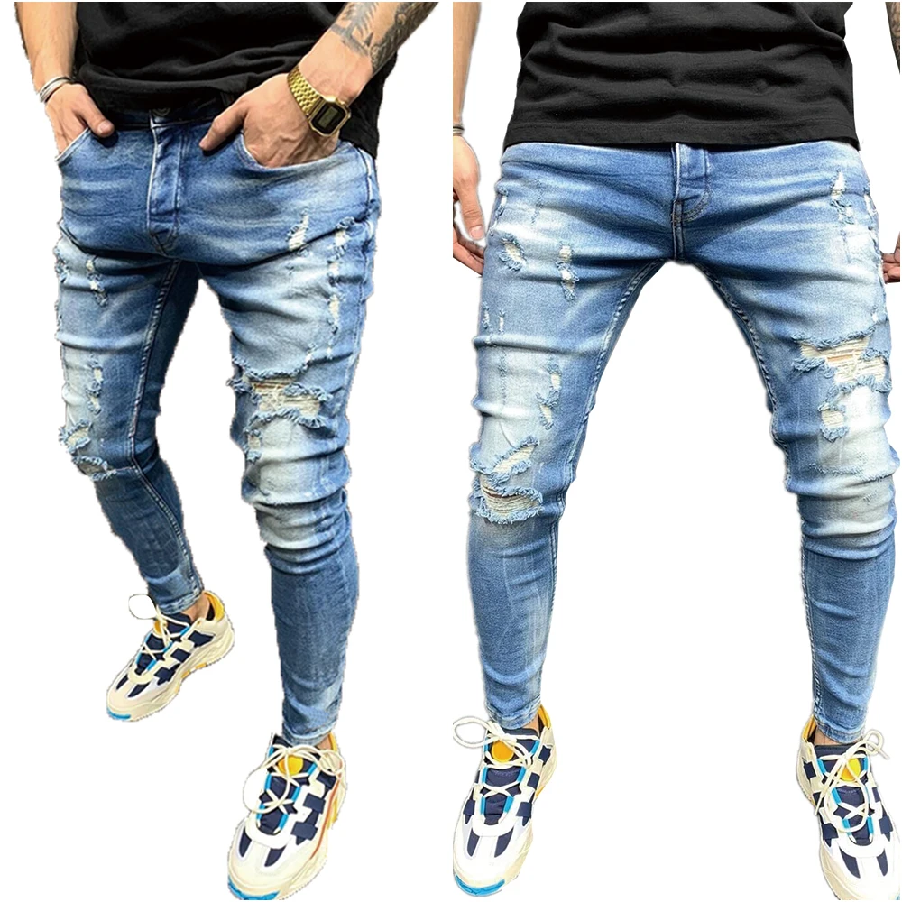 

2021 New Mens Casual Slim Jeans Skinny Denim Zip Pants Pockets Spring Winter Hole Biker Denim Trousers Streetwear
