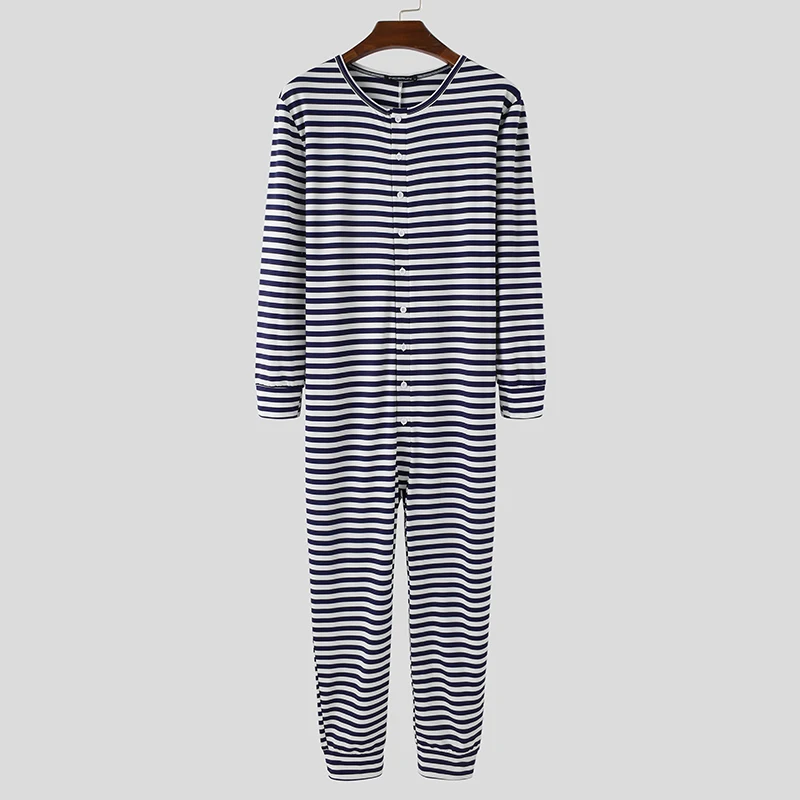 INCERUN Men Pajamas Jumpsuit Homewear Solid Color Long Sleeve Comfortable Button Leisure Sleepwear Men Rompers Nightwear S-5XL
