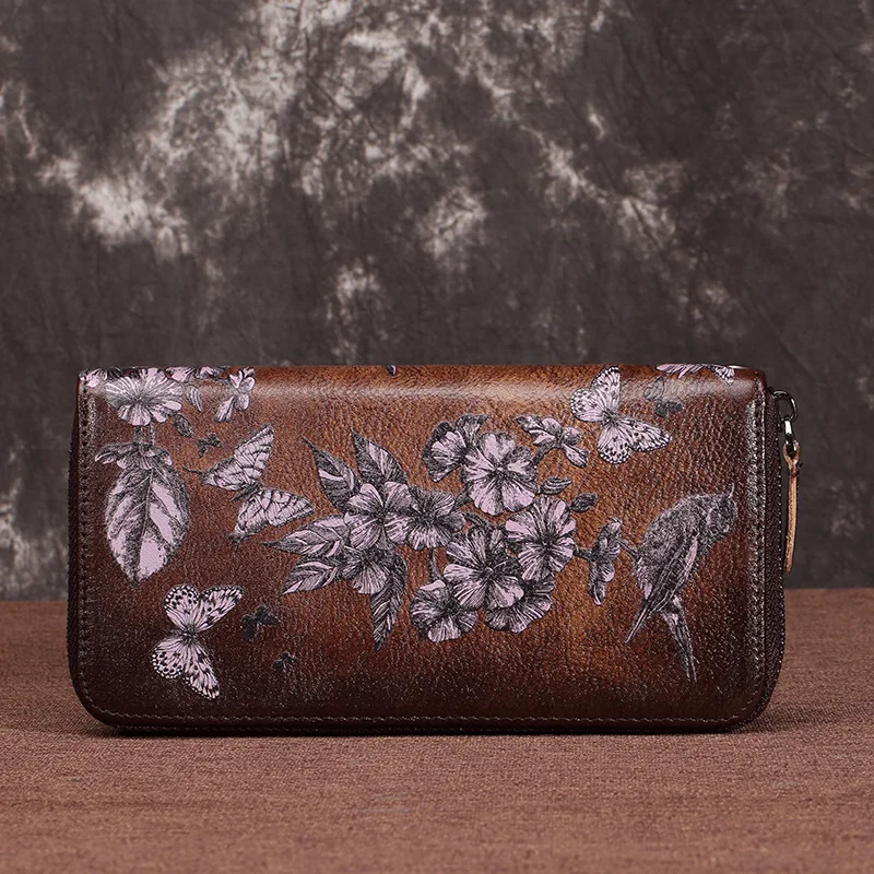 

Full-grain Leather Women 's Wallet Long Handbag Retro Genuine Leather Europe And America Leather Wallet Zipper Bag