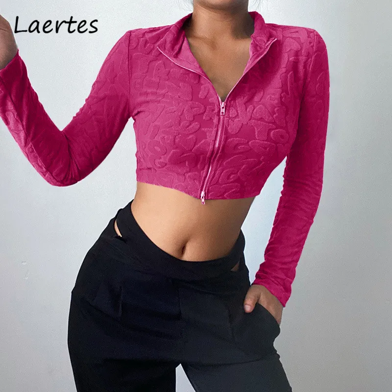 

Laertes Fashion Y2K Zipper Long Sleeve Crop Top Women Prink Polo Neck Skinny Cotton T Shirt Harajuku Casual Female Clothing