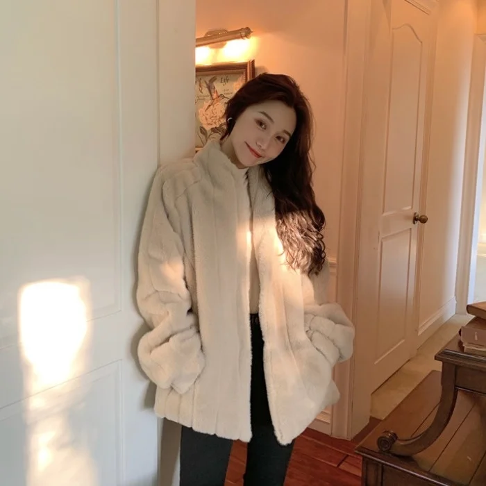 Меховое плюшевое пальто с воротником-стойкой Осень-зима теплый свободный